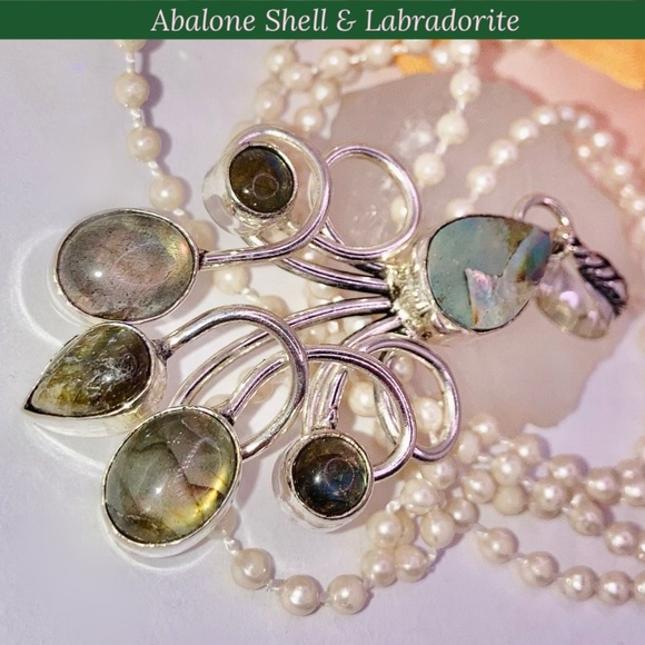 Abalone Shell & Labradorite Twisted Tassel Multi Gemstone Drop Handmade Pendant - Picture 3 of 5